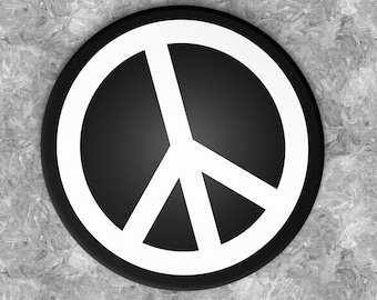 Botón con el símbolo de la paz: Enseñemos la paz, no la guerra