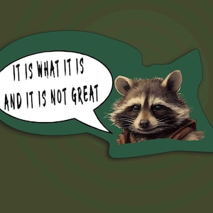 It Is What It Is And It Is Not Great stickers, wasbeerstickers, stickers geestelijke gezondheid, schattige wasbeer, waterdichte vinylsticker, grappig