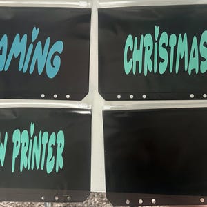 Può includere: Quattro buste nere con cerniera con testo turchese e blu. Le buste riportano "GAMING", "CHRISTMAS" e "NEW PRINTER". La quarta busta è vuota. Ogni busta ha una fila di piccoli fori lungo il bordo inferiore.