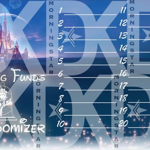 May include: A blue and white graphic with the text "Mornings Star" and "Sinking Funds Randomizer". The image features a castle, a rose in a bell jar, and a numbered list from 1 to 20.