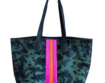 Cowhide Tote - Camo with Pink/Orange Stripe