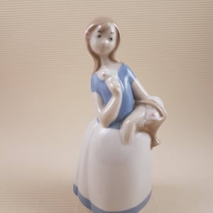 Rex Valencia Porcelain Young Girl Basket Figurine Handmade in Spain Vintage Statue Collectible