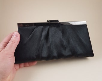 Vintage elegant black clutch purse silk fabric metal frame