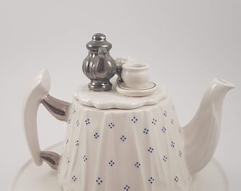 Vintage porcelain teapot mini Cardew design table with cloth with dishes