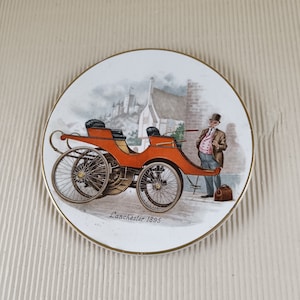 Vintage decorative plate with victorian old car picture made in England