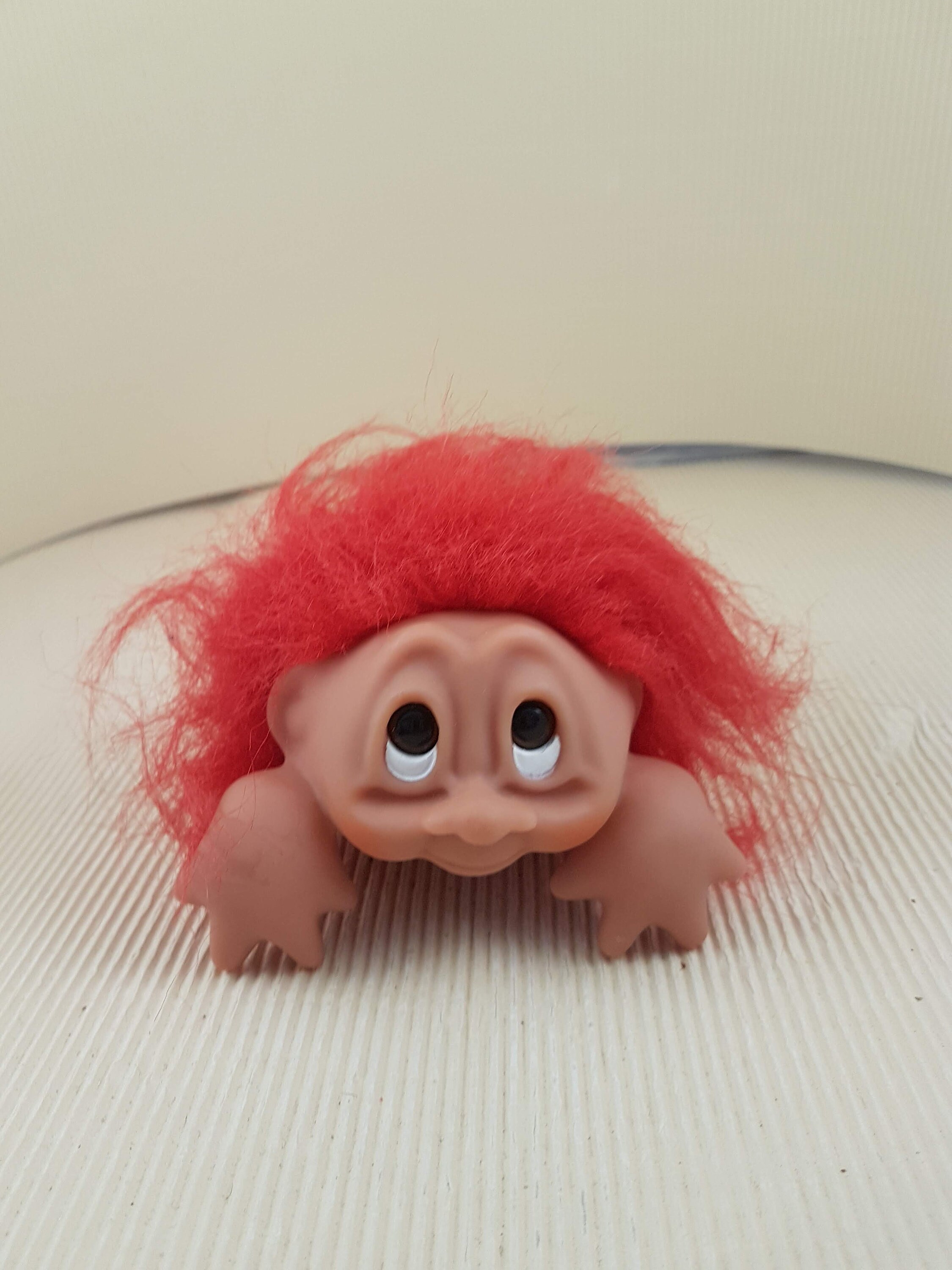 Troll Doll Christmas Stocking red Plush With White Hair Smiling Rubber Head  and Red Stocking With Hands Grasping, Vintage Trolls DAM 