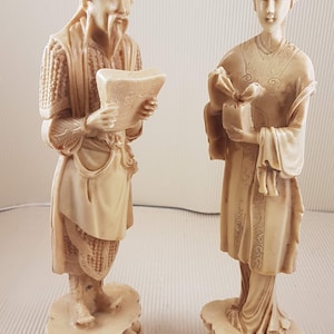 ヴィンテージ中国男性と女性の置物 彫刻された樹脂 12インチ アジアン