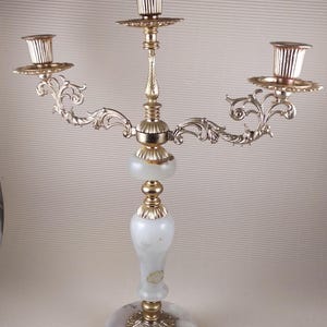 Vintage onyx marble brass beige candlestick for three candles made in Italy