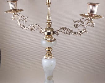 Vintage onyx marble brass beige candlestick for three candles made in Italy
