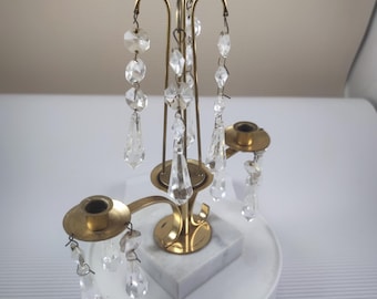 Vintage gold metal candlestick with crystal glass on onyx stand made in USA