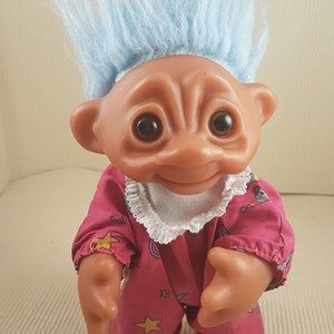 Vintage authentic Dam Troll Doll,big,dressed blue Hair made in Denmark signed 1977
