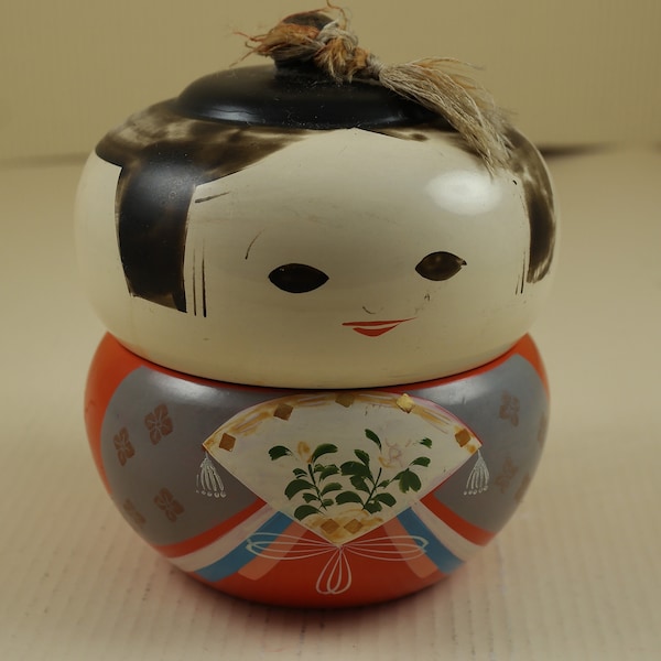 Boîte à bento empilable pour poupée Kokeshi en laque japonaise vintage avec pampille