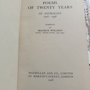 Poems of Twenty years. An Anthology 1918-1938. Maurice Wollman hardcover first edition