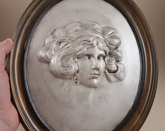 Vintage Lady Cameo Ceramic Wall Plaque - Duncan 1910 Art