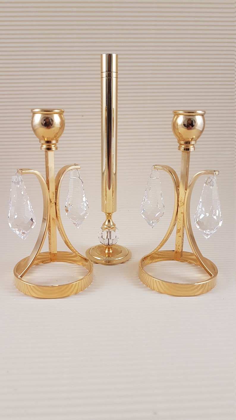 Vintage Gold Metal Set of Candlesticks Holders With Glass Crystal - Etsy
