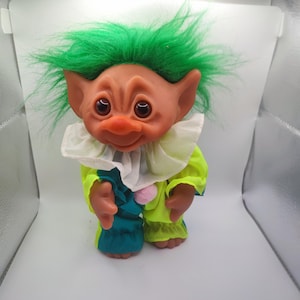 Vintage authentic Dam Troll Doll,big,dressed green Hair made in Denmark signed 1977