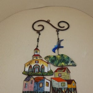 Vintage wall hanging metal decor small village