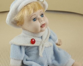 Vintage old bisque porcelain doll collectible music box baby doll blue dressed