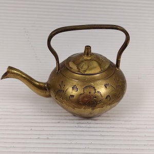 Vintage brass mini kettle teapot collectible miniature engraved