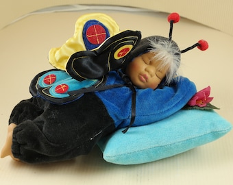 Vintage Bisque Porcelain Sleeping Baby Butterfly Doll blue