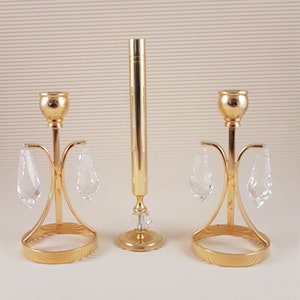 Vintage gold metal set of  candlesticks holders with glass crystal