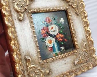 VTG Miniature Original Oil Painting Still Life Flowers Ornate Frame