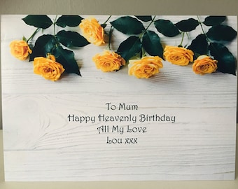 Tarjeta de tumba laminada de rosas amarillas feliz cumpleaños celestial mamá personalizada 7 "x 5"