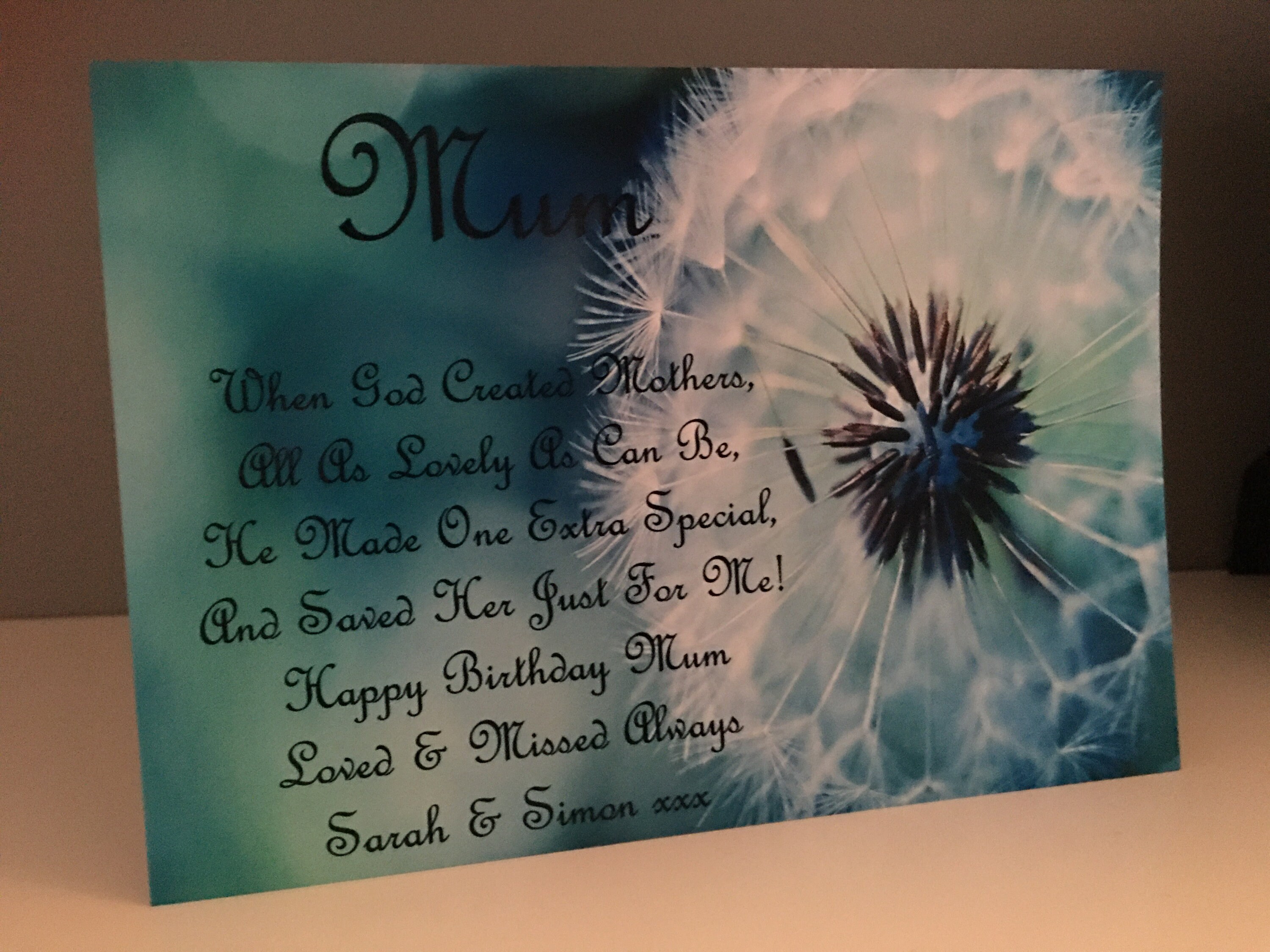 Personalised Laminated Grave Card Dandelion Happy Birthday Mum 7 X 5