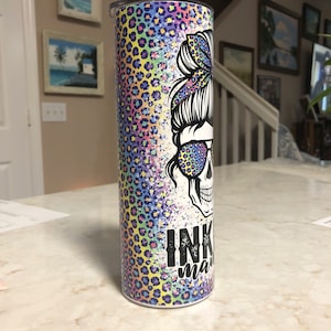 Inked Mama, Messy Bun Skull, Mom Life Tumbler, 20oz Skinny Tumbler with straw and lid, Free straw cleaner brush included