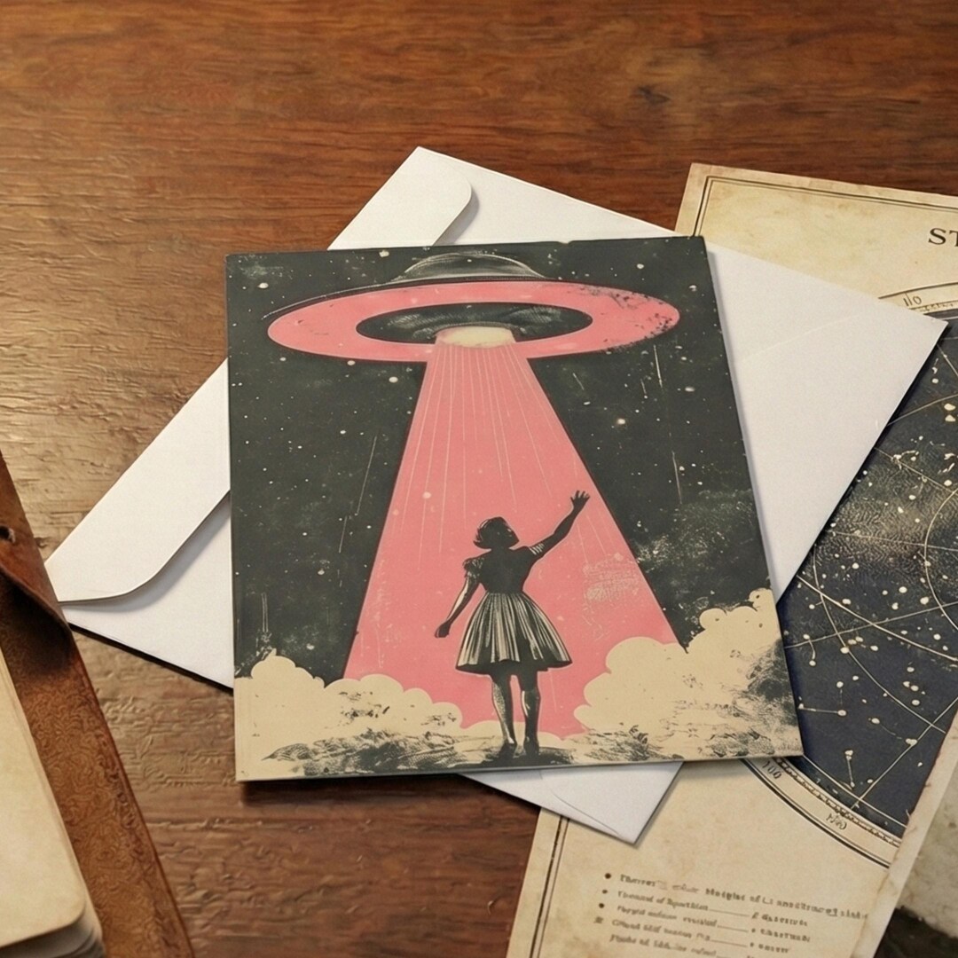Alien Birthday Card: Vintage UFO Theme Greeting | Blank Inside - Etsy