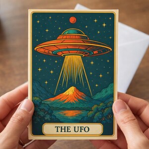UFO Greeting Card | Tarot Space Theme | Alien Abduction | Blank Inside 4x6 Card