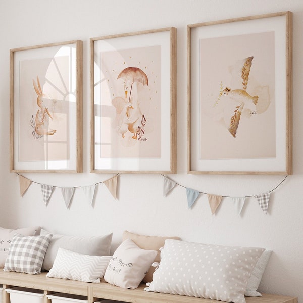 Kinderkamer posters SET x3, goudfolie, babykamer wanddecoratie, zandkleur, dierenposter, kraamcadeau, boho, babykamer decoratie, babycadeau