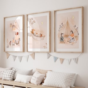 Poster per camerette per bambini SET x3, lamina d'oro, decorazione da parete per camerette per bambini, colore sabbia, poster di animali, regalo di maternità, boho, decorazione per camerette per bambini, regalo per bambini