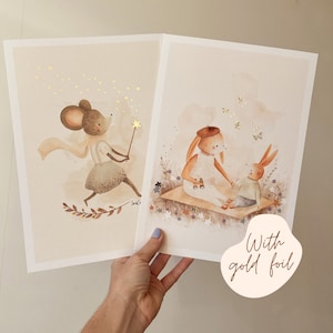 Poster per camerette per bambini SET x2, lamina d'oro, decorazione da parete per camerette per bambini, colore sabbia, poster di animali, regalo di maternità, boho, decorazione per camerette per bambini, regalo per bambini