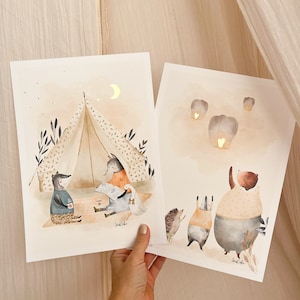 Poster per camerette per bambini SET x2, lamina d'oro, decorazione da parete per camerette per bambini, colore sabbia, poster di animali, regalo di maternità, boho, decorazione per camerette per bambini, regalo per bambini