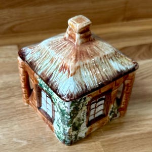Può includere: Un portagioie in ceramica a forma di casetta, con tetto di paglia e pareti a forma di mattoni. La scatola presenta piccole finestre ed è dipinta con colori della terra, tra cui marrone, beige e verde. Il design generale evoca un'estetica rustica e campestre.