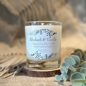 Rhubarb / Vanilla Scented Soy Wax Eco Candle In an Italian Glass Jar, inc a Coaster, Gift Box and Personalised Card. Ready to Gift or Enjoy