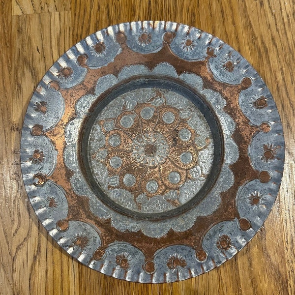 Vintage Arabic / Greek Copper Decorative - Copper and Silver Plate - Tin Sun - Medallion Middle Eastern Decor Wall Hanging 15.5cm diameter