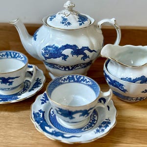 Op de afbeelding: Een wit porseleinen theeservies met blauwe drakenmotieven. De set bevat een theepot, een melkkan, een suikerpot en twee kopjes met schotels. Gouden randen accentueren de randen. De set staat op een houten oppervlak.
