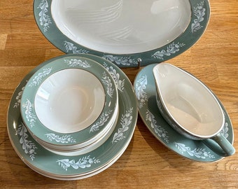 LORD NELSON WARE Vintage Elijah Cotton I 1960s Platter, Plates, Bowls & Gravy/Sauce Boat l Sage Green ‘Snowfern’ l Priced individually