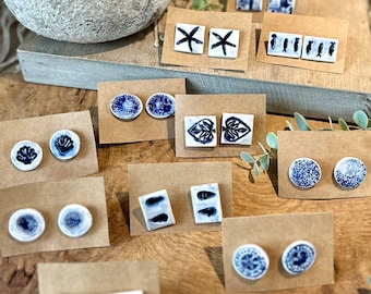 Handmade Porcelain Cufflinks, Imprinted Blue Pattern, 18th Anniversary Gift