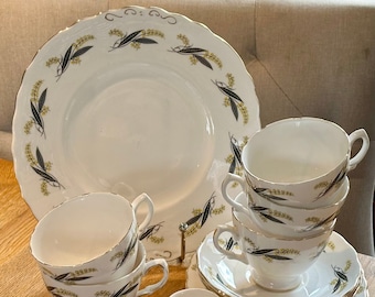 ROYAL VALE TRIOS and Cake Plate l Bone China l Yellow Ferns and Black Leaves Pattern l Gold Gilted l RIdgway Potteries l 1960s