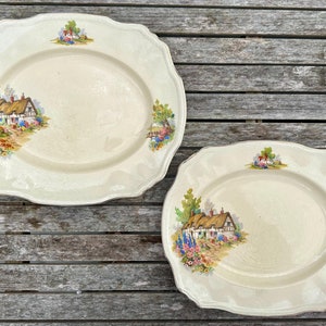 Puede incluir: Dos platos de servir ovalados vintage con un diseño de escena de cabaña. Los platos son blancos con un glaseado crema y presentan una cabaña marrón con techo de paja, árboles verdes y flores coloridas.