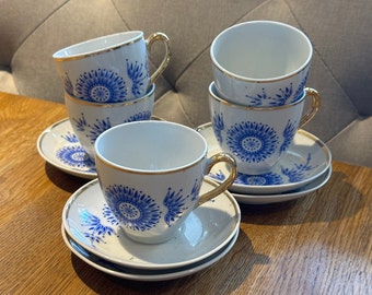 BLUE WHITE EXPRESSO G D R East German Porcelain l Vintage Cup & Saucer l Porcelain l Gold Rim l Demitasse 1980s l Priced per Cup and Saucer
