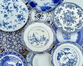 4/6 x 8”, 9” or 10” BLUE & WHITE MISMATCHED Vintage Dinner /Luncheon Plates l Mix and Match l Wedding l Crafting l Wall Display l