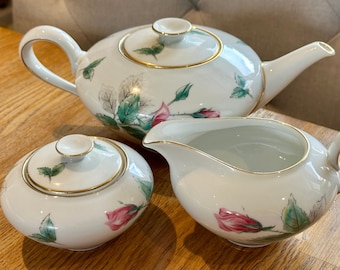 KPM KRISTER TEASET l Rose Teapot, Milk Jug / Creamer and Sugar Bowl l Made in Germany l 1950-60 l Priced for the Set