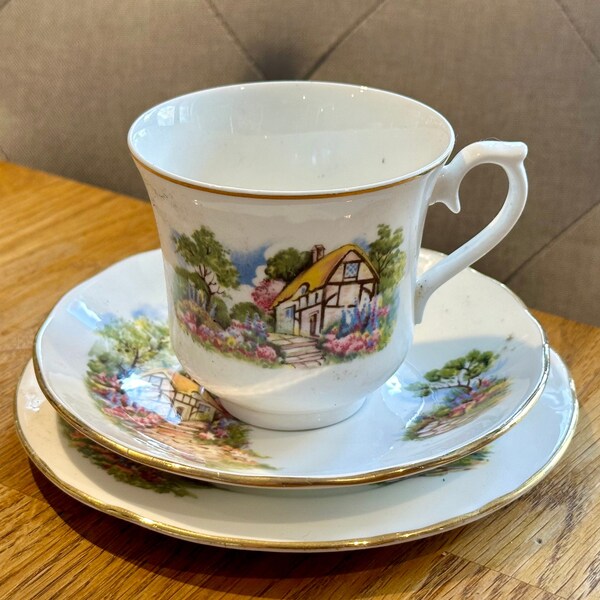 QUEEN ANNE TRIO l Cottage Garden l Vintage Cup, Saucer & Tea Plate l Fine Bone China l Gilded Gold Rim l Demitasse 1950s  l Priced per Trio