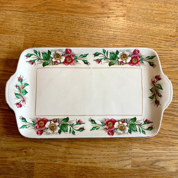 JOHN MADDOCK MONTANA Ivory Ware Handled Rectangular Tray / Sandwich Plate or Platter – Wild Rose Pattern – Pink and White Floral – Vintage