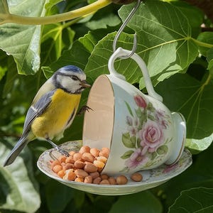 May include: A blue and yellow bird perched on a floral teacup bird feeder filled with peanuts. The teacup is suspended from a tree branch by a metal hook. The teacup and saucer have a pink rose pattern.