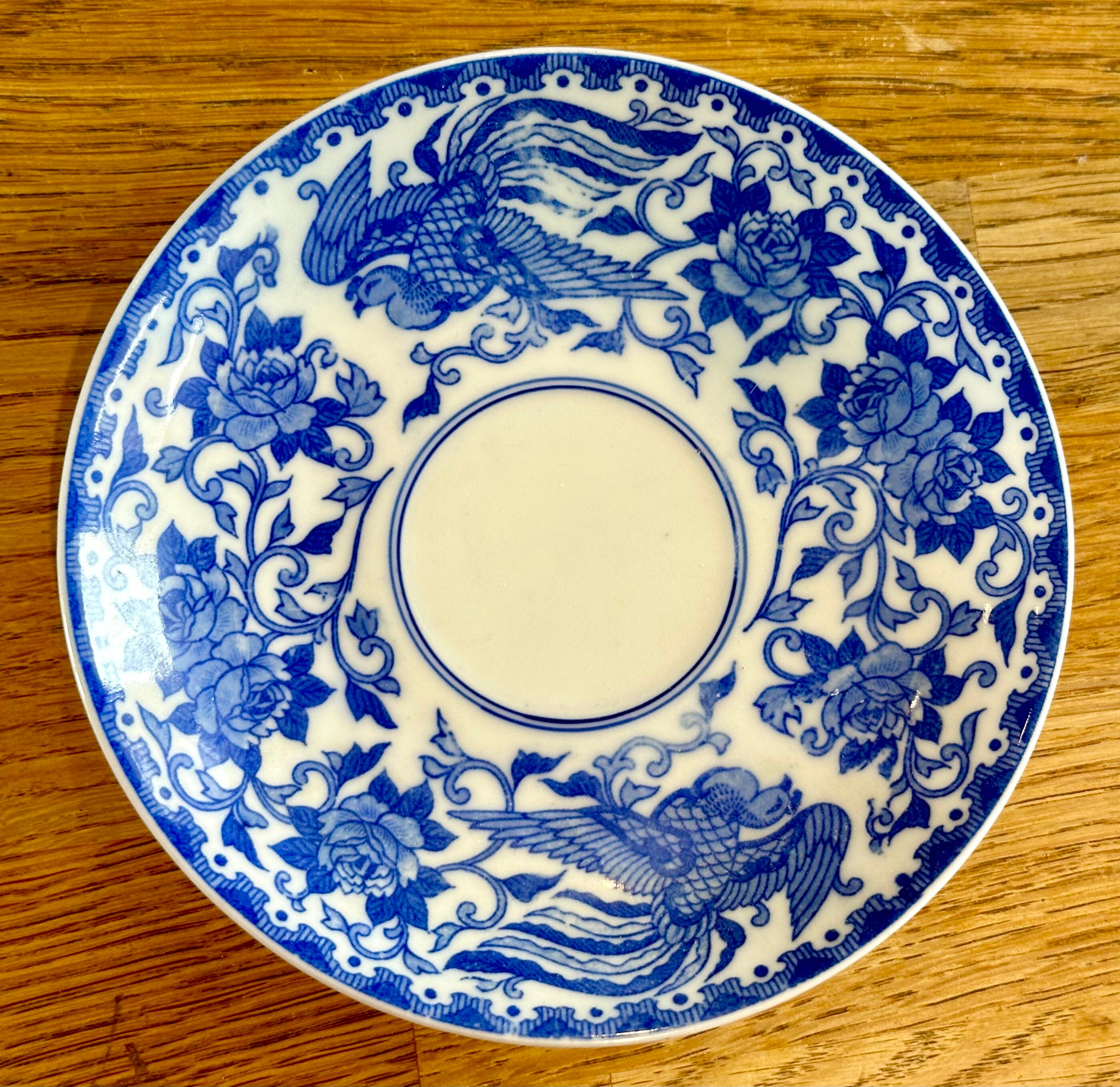 NORITAKE FLYING PHOENIX Blue and White Cup, Saucer and Side